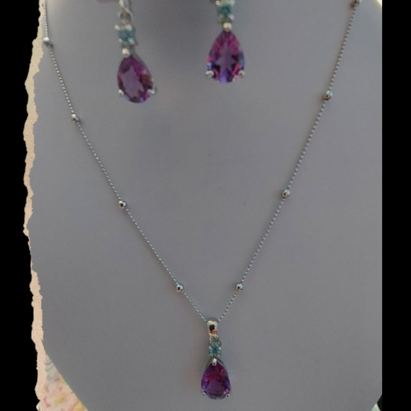 AMETHYST EARRINGS & NECKLACE SET W/ SKY-BLUE TOPAZ - Picture 8 of 9